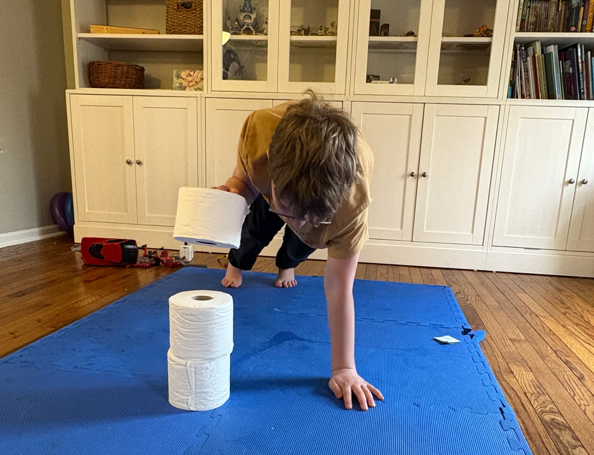 Most Times Three Toilet Paper Rolls are Stacked While Holding a Plank